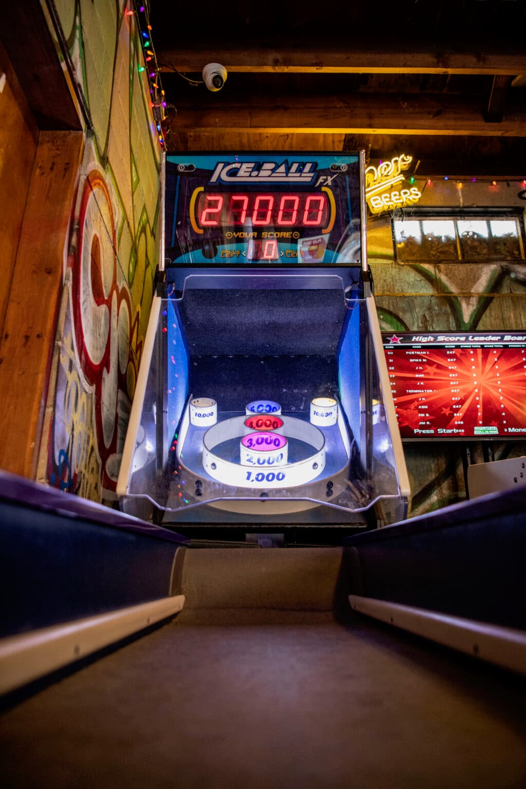 Ice-Ball skee-ball lane with the high-score leaderboard