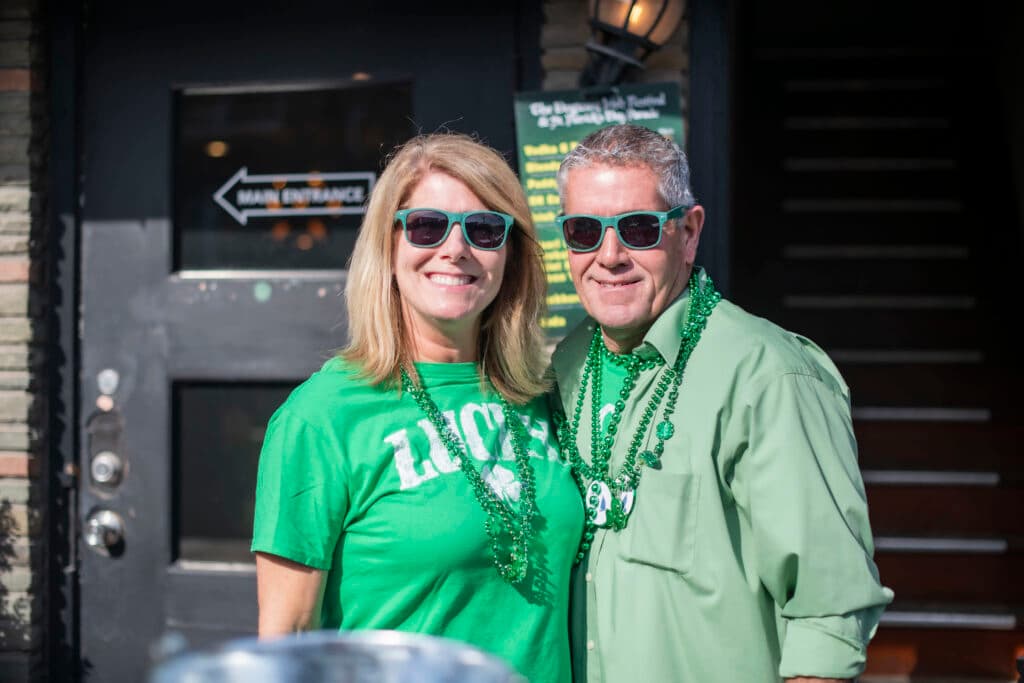 Matching green shades and beads out front