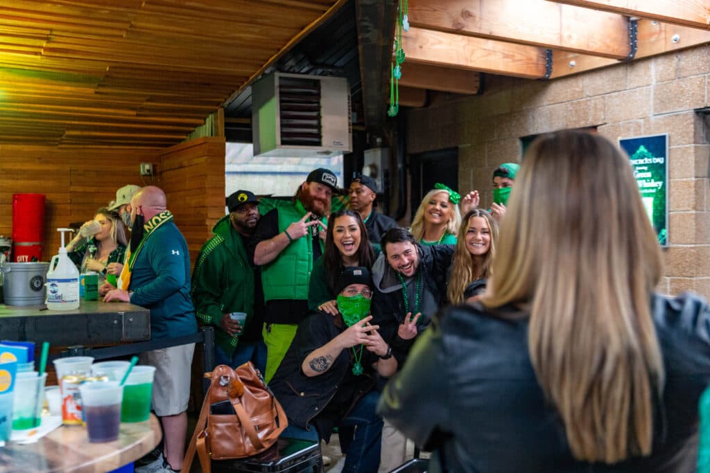 The patio crew hams it up for the camera